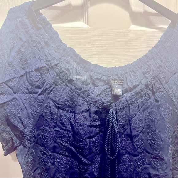 LUCKY BRAND Tassel Tie Split Neck Top peasant blouse Sheer medallion lace - Picture 4 of 10